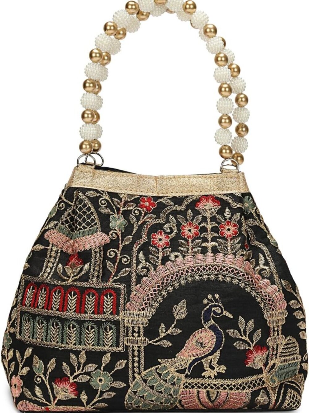 Vintage Floral Embroidered Potli Bag with Pearl Handle | Evening Purse